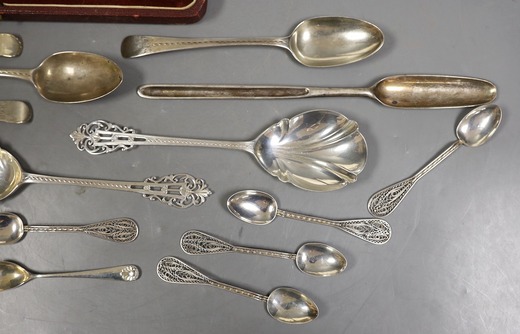 A cased set of George V silver Old English pattern soup spoons, Harrod's Ltd, Sheffield, 1934 and a cased set of six silver handled tea knives and sundry silver and white metal flatware.